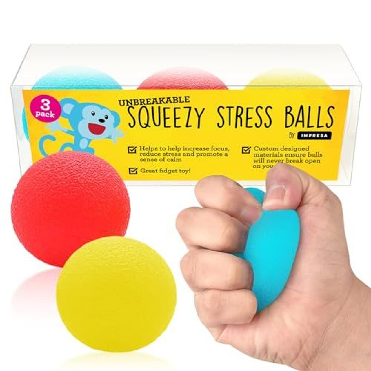 IMPRESA Squishy Stress Ball Set - Sensory Toys for Kids - Fidget Toys for Adults - Tear-Resistant Squeeze Balls for Stress Relief - Pack of 3, Multicolor
